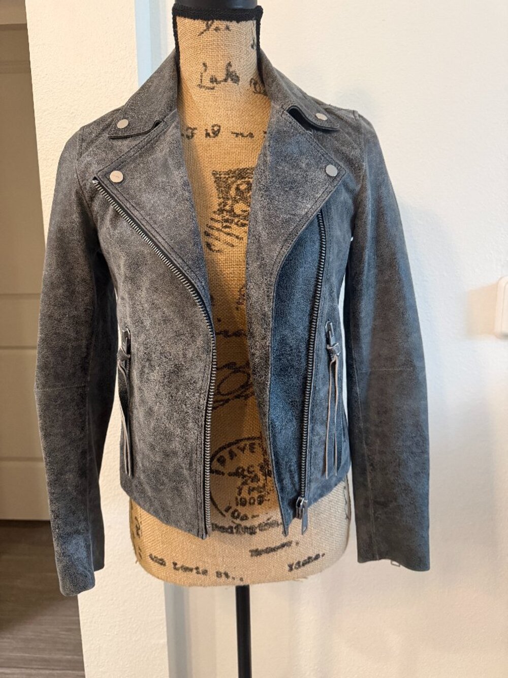 NWT SOLD OUT AllSaints Dalby Iris Black Distressed Leather Biker Jacket Size 0